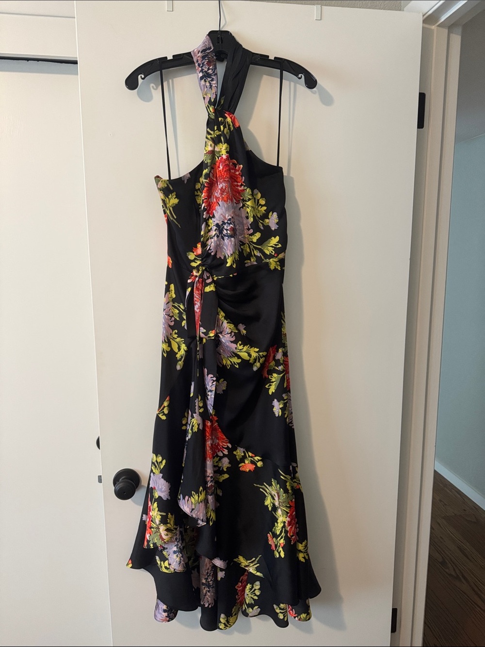 Cinq a Sept Josie Floral Halter Midi Dress in Black with Red & Lilac Blooms